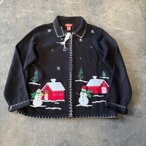 Vintage Traditions Christmas Sweater Womens L Petite Black Full Zip Embroidered